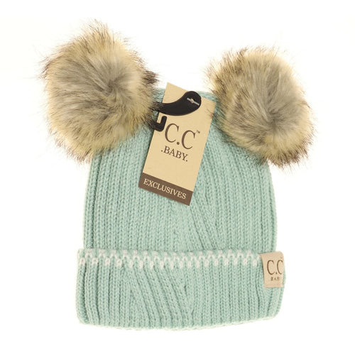 BABY SOLID KNIT DOUBLE FUR POM BEANIE